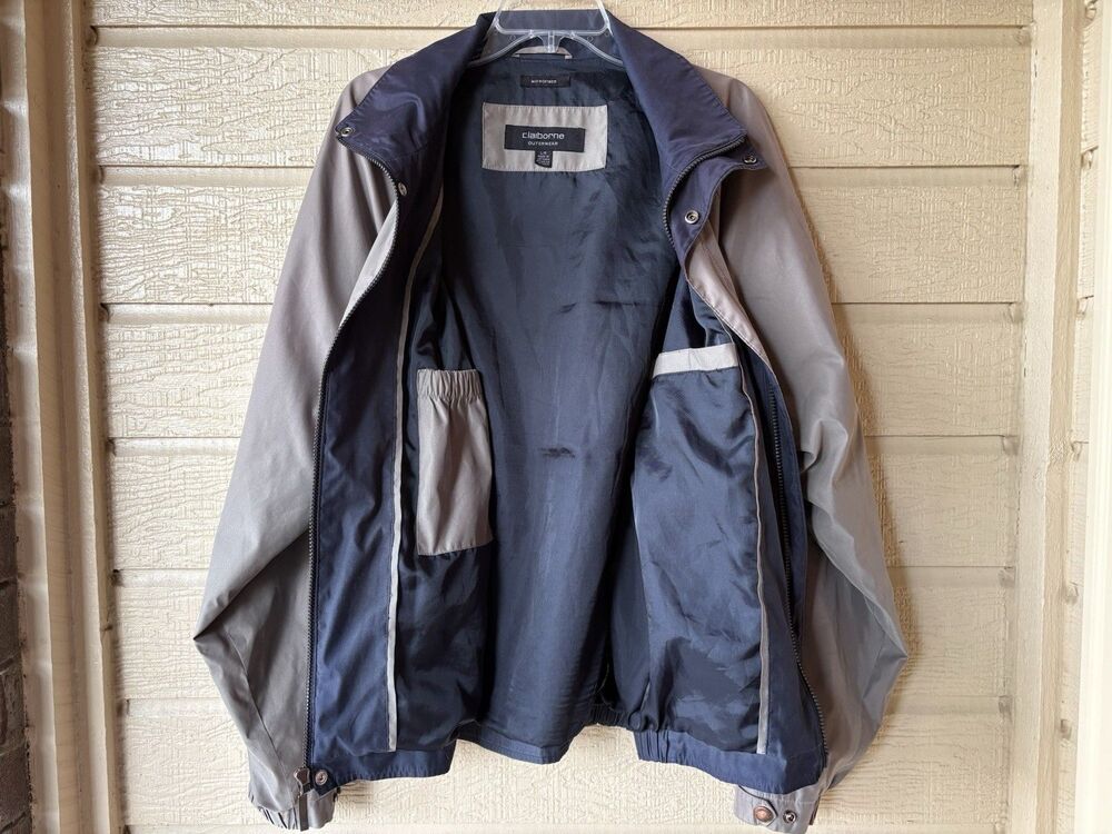 Liz Claiborne men Tan & Navy Microfiber Zip Bomber Windbreaker Jacket size Large - Picture 3 of 6